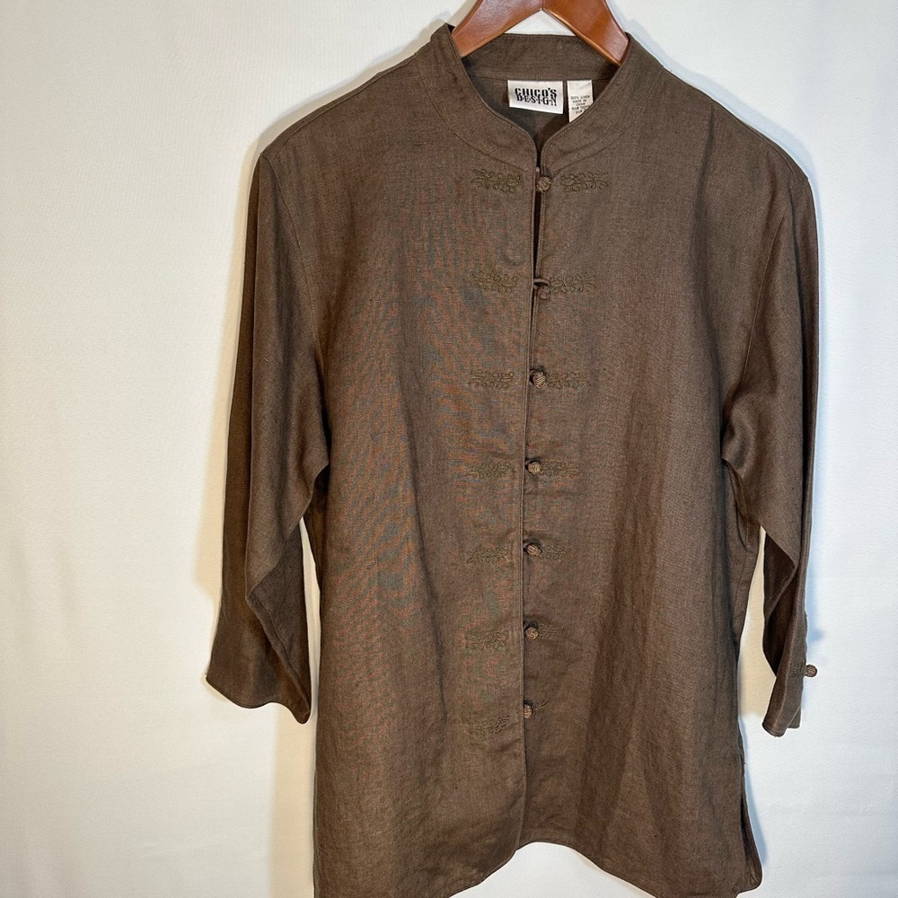 Chico’s Olive Green Tian 100% Linen Asian Art Jacket Blazer Coat Long Sleeve 2